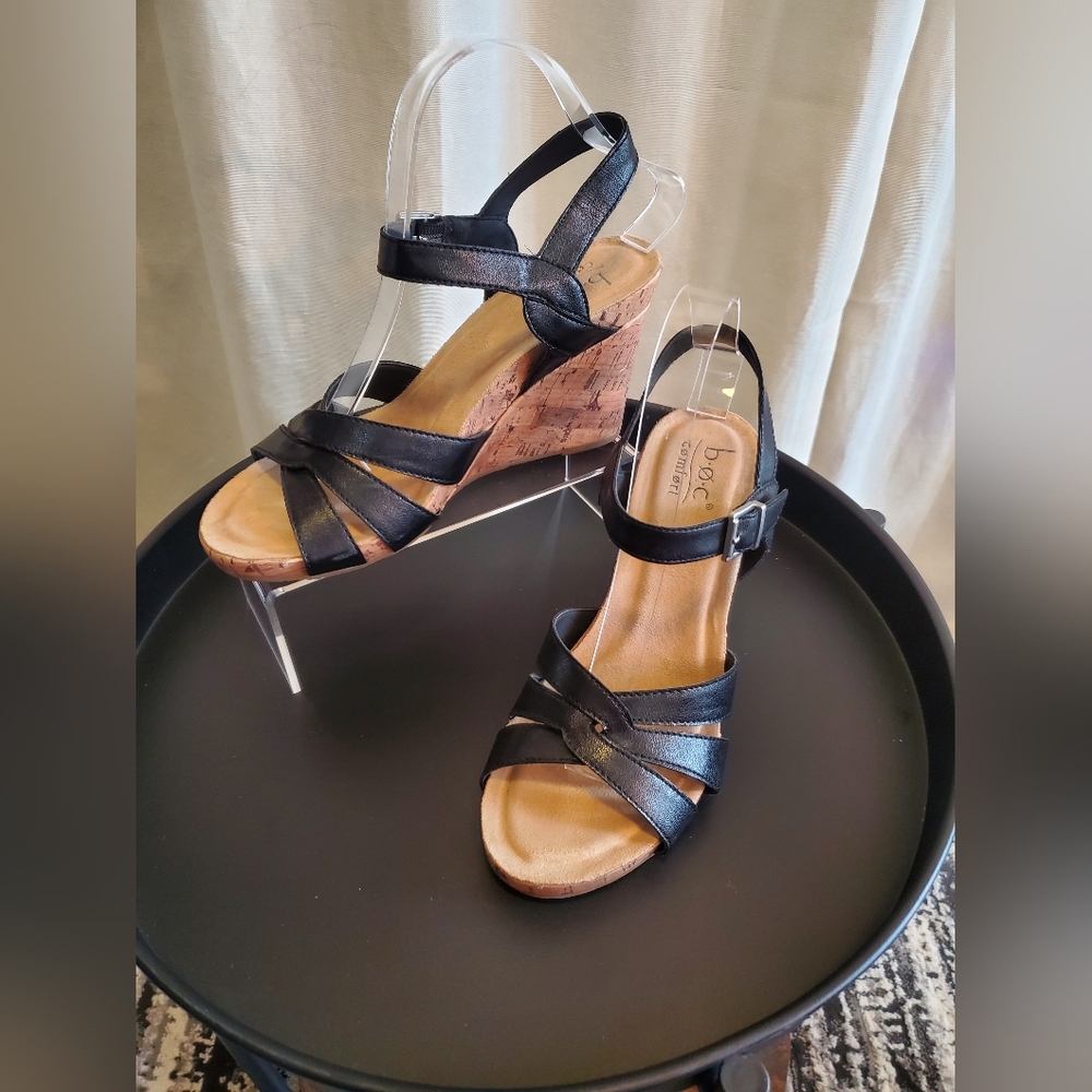 SOLD b.o.c. Black Leather Cork Wedge Sandals